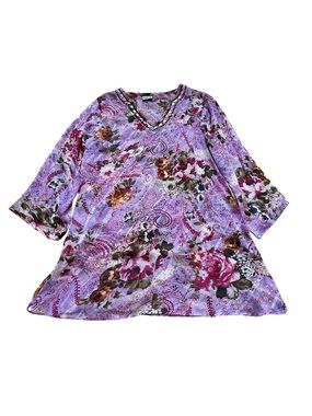 California Woman Purple Floral Tunic Top Beaded Sequin V-Neck Resortwear Boho